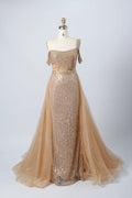 Glamorous Off-The-Shoulder Beaded Evening Dress with Detachable Overskirt KY029