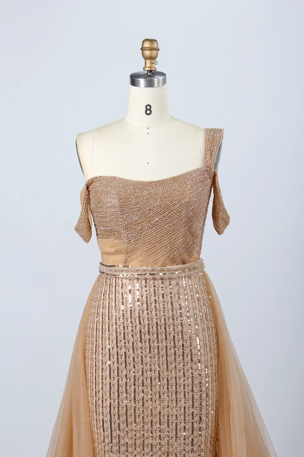 Glamorous Off-The-Shoulder Beaded Evening Dress with Detachable Overskirt KY029