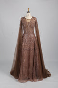Beaded A-Line Mother of the Bride Dress with Long Cape Sleeves MK145