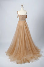 Glamorous Off-The-Shoulder Beaded Evening Dress with Detachable Overskirt KY029
