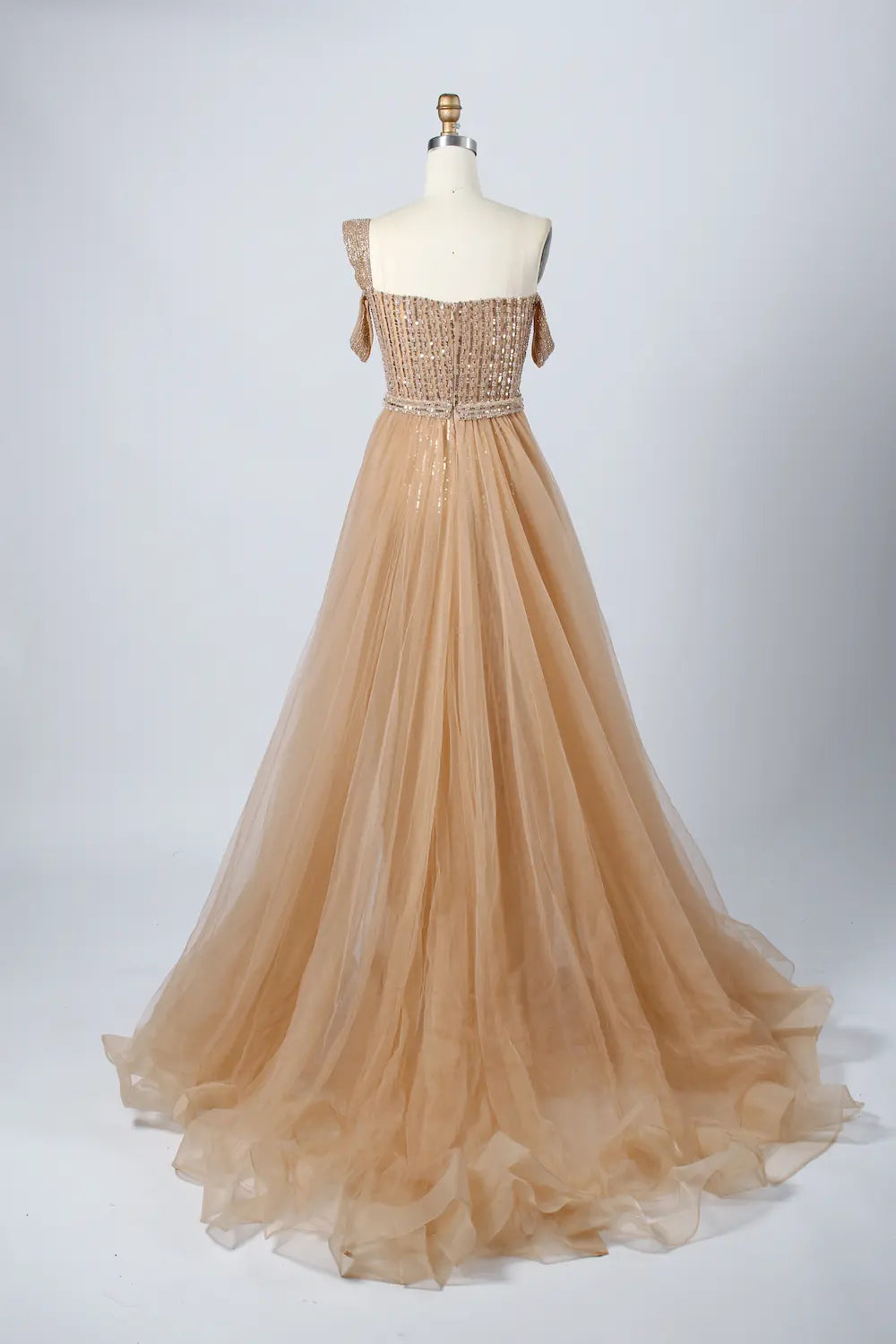 Glamorous Off-The-Shoulder Beaded Evening Dress with Detachable Overskirt KY029