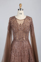 Beaded A-Line Mother of the Bride Dress with Long Cape Sleeves MK145