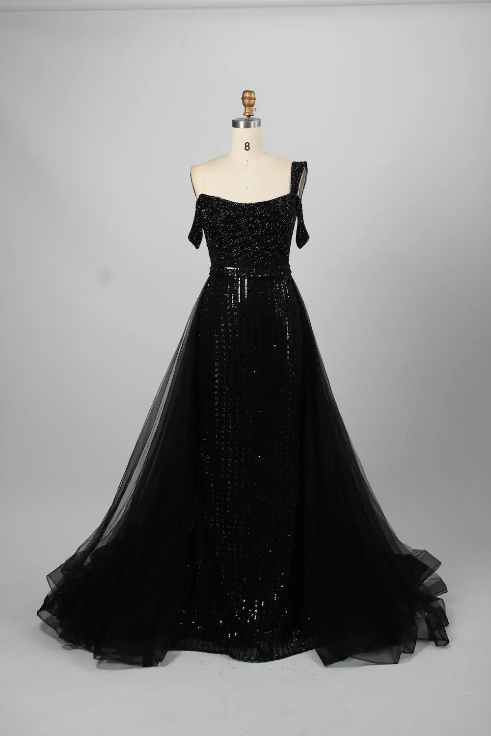 Glamorous Off-The-Shoulder Beaded Evening Dress with Detachable Overskirt KY029