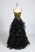 Wholesale Black & Gold Floral Ruffled Prom Dress 33360