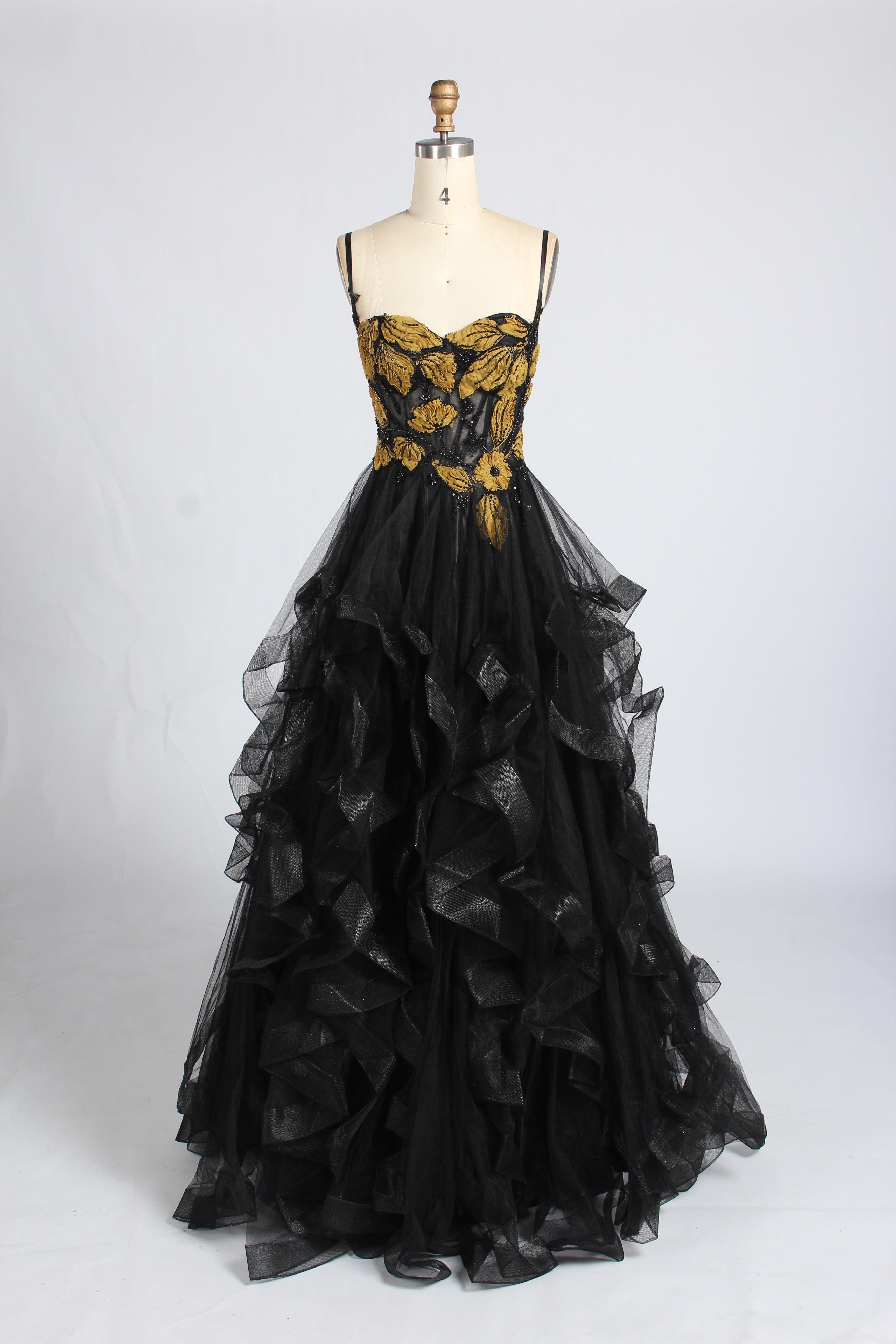 Wholesale Black & Gold Floral Ruffled Prom Dress 33360
