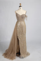 Red Asymmetrical V-Neck Beaded Evening Dress with Side Train KY066
