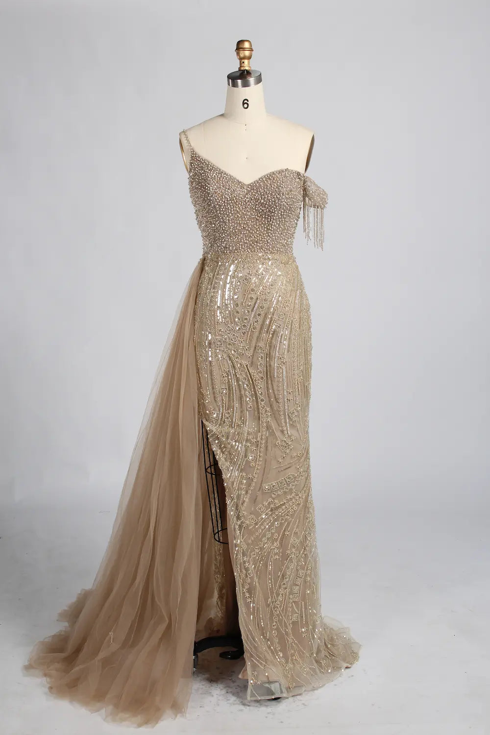Red Asymmetrical V-Neck Beaded Evening Dress with Side Train KY066