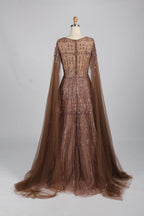 Beaded A-Line Mother of the Bride Dress with Long Cape Sleeves MK145