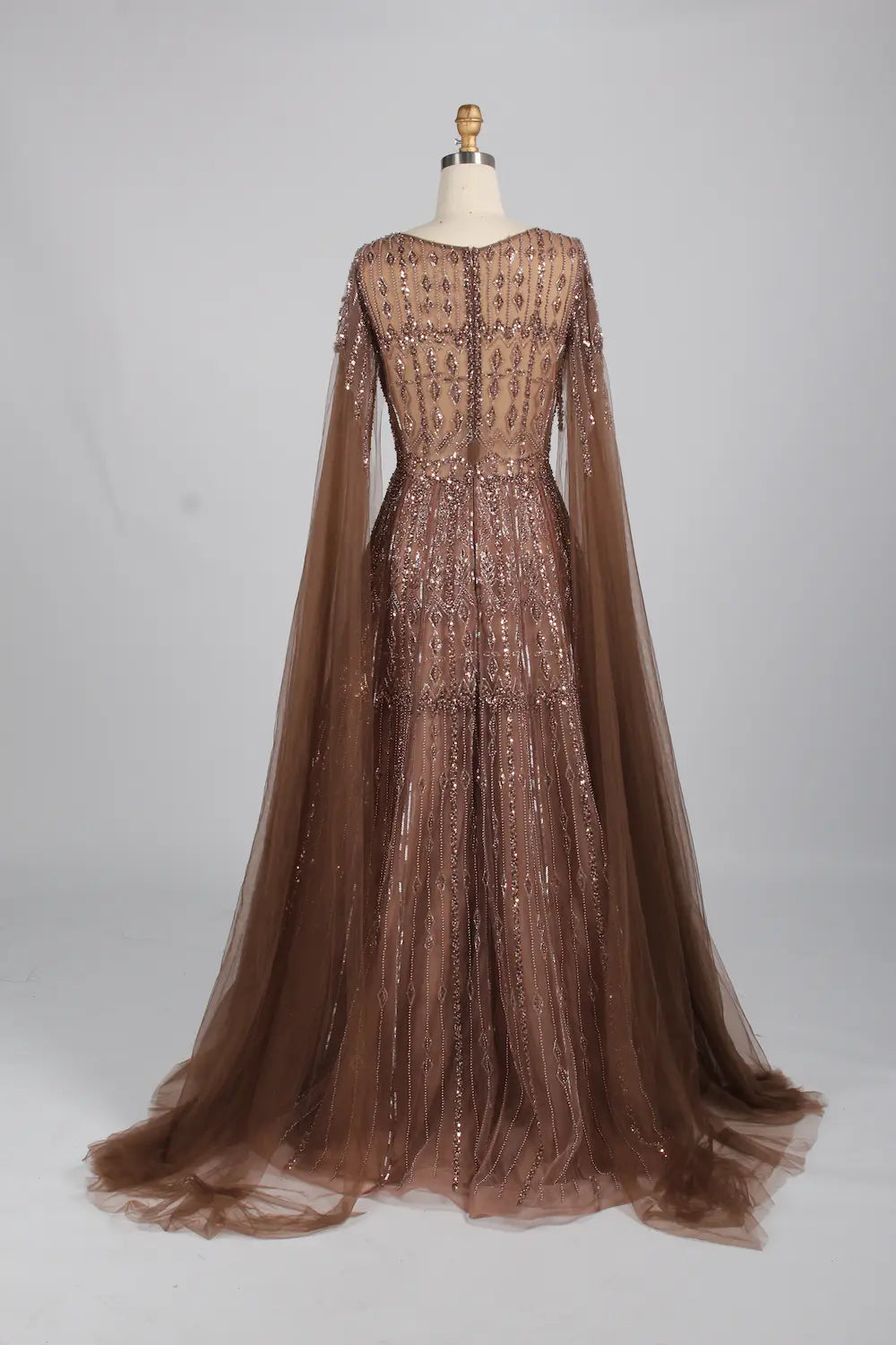 Beaded A-Line Mother of the Bride Dress with Long Cape Sleeves MK145