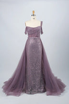 Glamorous Off-The-Shoulder Beaded Evening Dress with Detachable Overskirt KY029