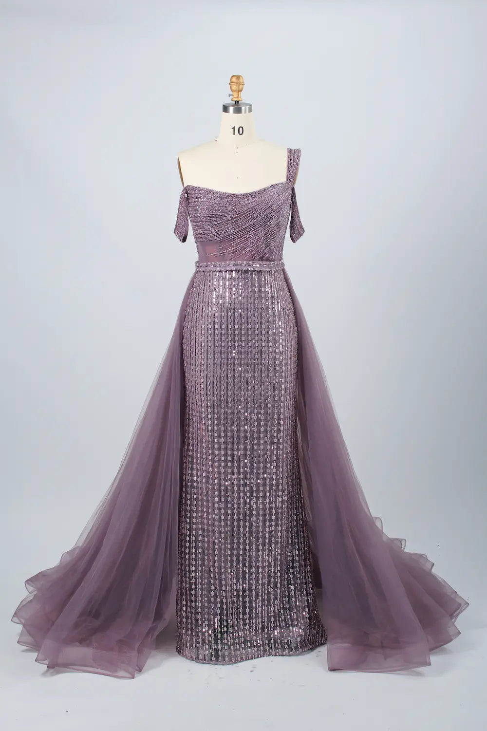 Glamorous Off-The-Shoulder Beaded Evening Dress with Detachable Overskirt KY029