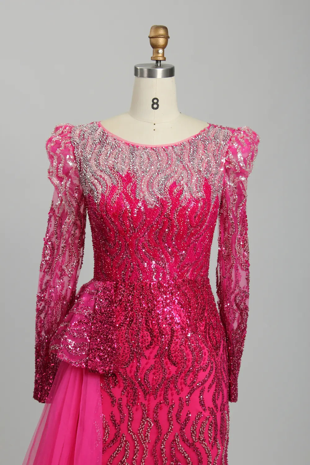 Luxury Hot Pink Sequined Long Sleeve Mother of the Bride Dress MK122