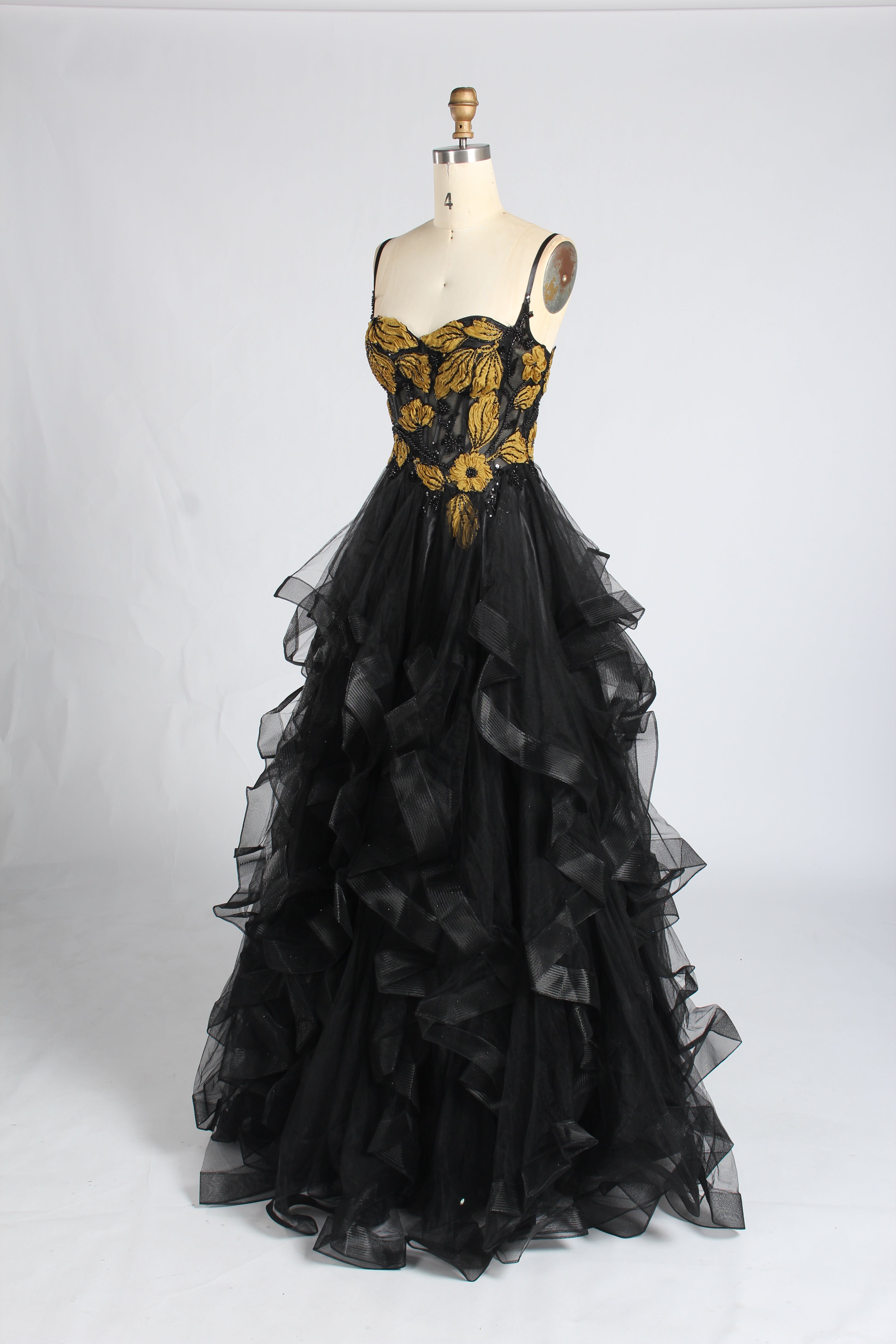Wholesale Black & Gold Floral Ruffled Prom Dress 33360