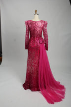 Luxury Hot Pink Sequined Long Sleeve Mother of the Bride Dress MK122