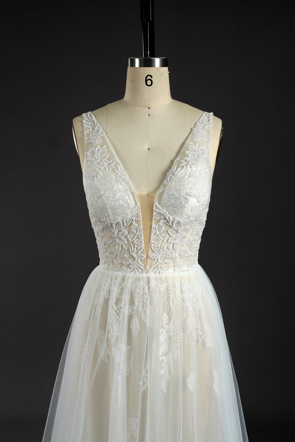 Wholesale Beaded Lace V-Neck Tulle Wedding Gown kt1303