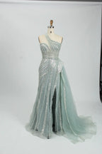 Lilac One-Shoulder Beaded Evening Dress with Side Slit and Tulle Train MK106