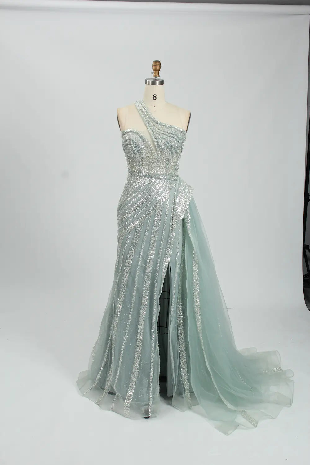 Lilac One-Shoulder Beaded Evening Dress with Side Slit and Tulle Train MK106