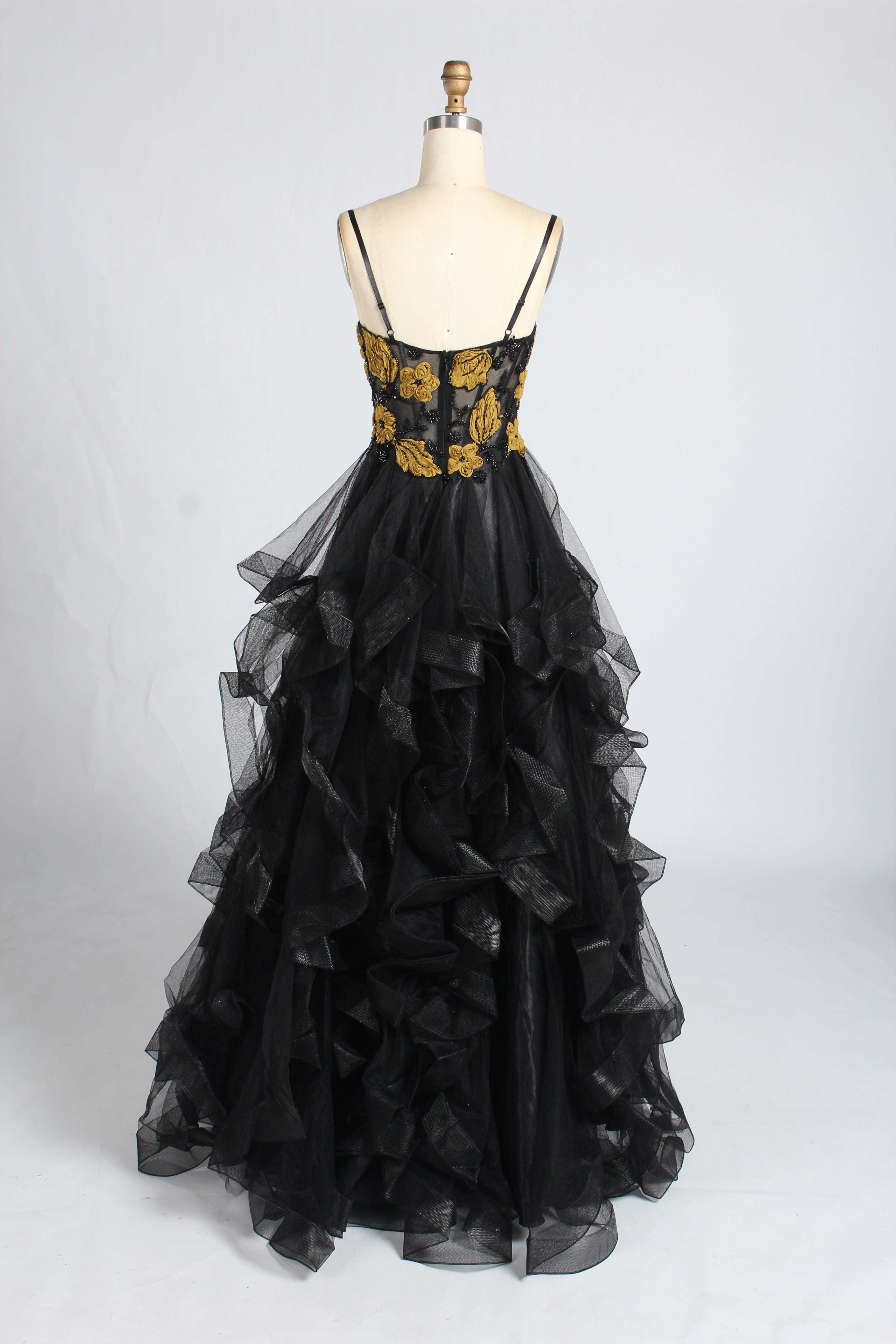 Wholesale Black & Gold Floral Ruffled Prom Dress 33360