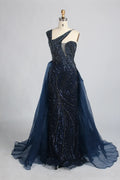Navy Blue One-Shoulder Beaded Mermaid Evening Dress with Side Train KY069