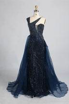 Navy Blue One-Shoulder Beaded Mermaid Evening Dress with Side Train KY069