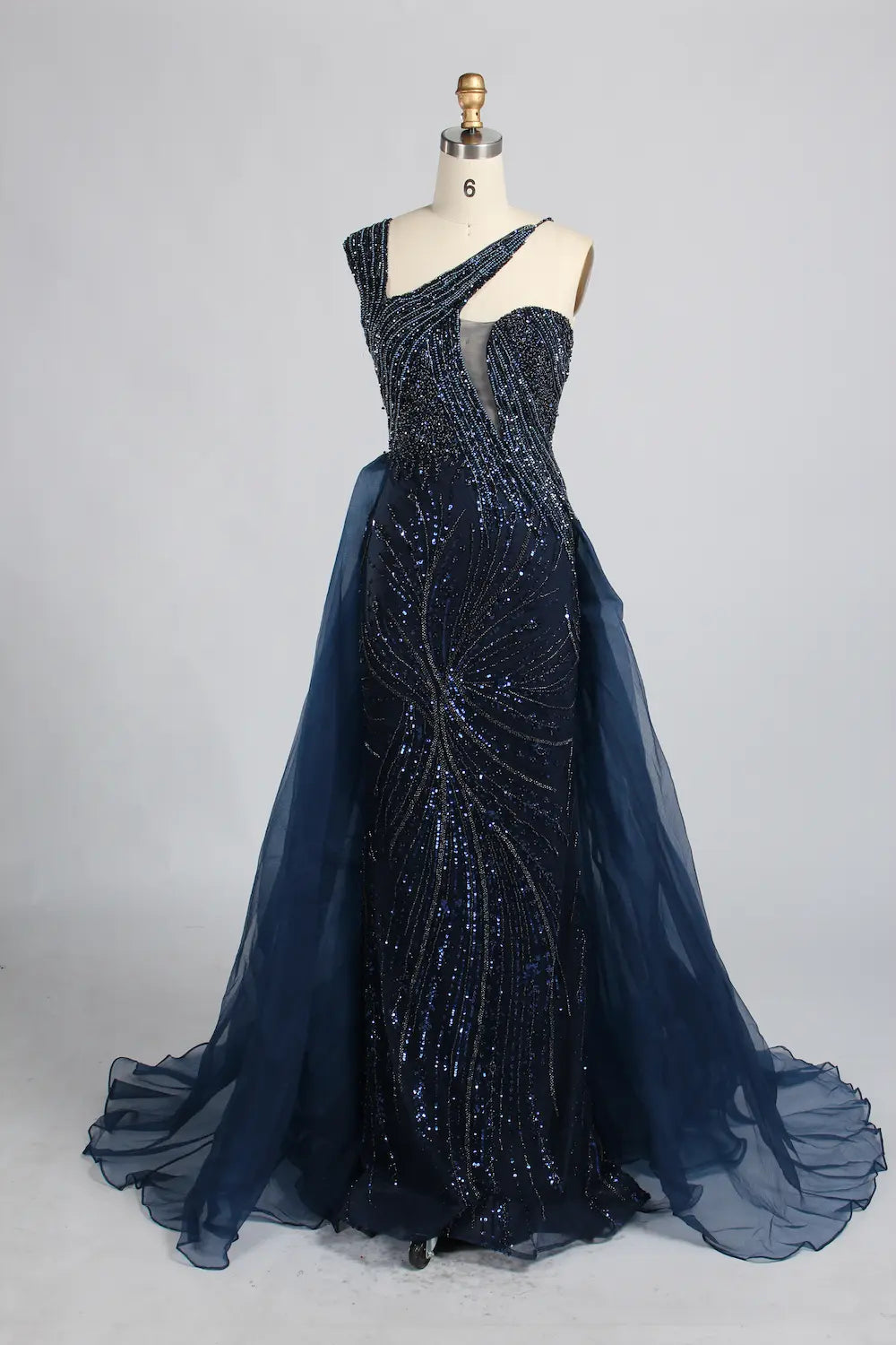Navy Blue One-Shoulder Beaded Mermaid Evening Dress with Side Train KY069