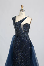 Navy Blue One-Shoulder Beaded Mermaid Evening Dress with Side Train KY069