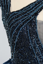 Navy Blue One-Shoulder Beaded Mermaid Evening Dress with Side Train KY069