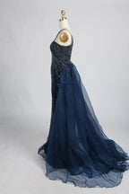 Navy Blue One-Shoulder Beaded Mermaid Evening Dress with Side Train KY069