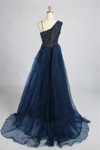 Navy Blue One-Shoulder Beaded Mermaid Evening Dress with Side Train KY069