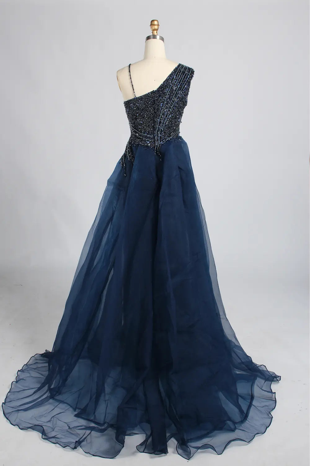 Navy Blue One-Shoulder Beaded Mermaid Evening Dress with Side Train KY069