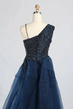 Navy Blue One-Shoulder Beaded Mermaid Evening Dress with Side Train KY069