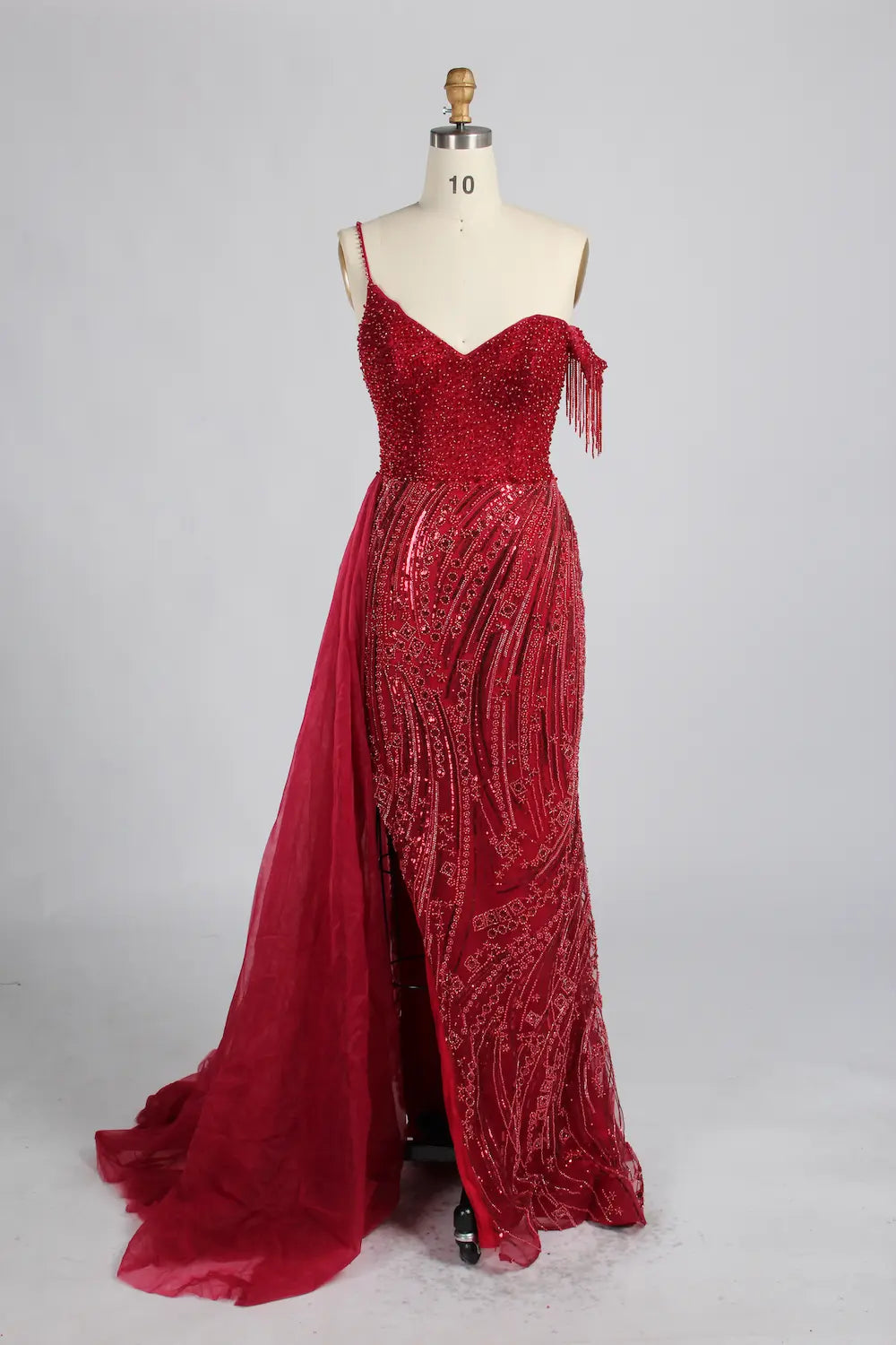 Red Asymmetrical V-Neck Beaded Evening Dress with Side Train KY066