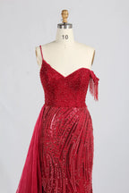 Red Asymmetrical V-Neck Beaded Evening Dress with Side Train KY066