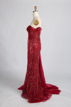 Red Asymmetrical V-Neck Beaded Evening Dress with Side Train KY066