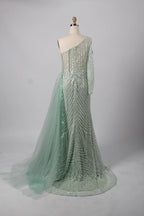 Stunning One-Shoulder Beaded Mermaid Green Mother of the Bride Dress KY030