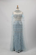 Beaded High Neck Light Blue Mother of the Bride Dress with Cape Sleeves MK142