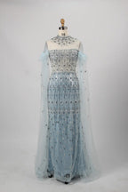 Beaded High Neck Light Blue Mother of the Bride Dress with Cape Sleeves MK142