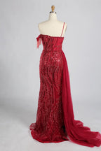 Red Asymmetrical V-Neck Beaded Evening Dress with Side Train KY066