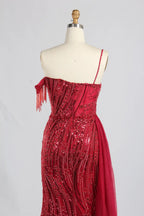 Red Asymmetrical V-Neck Beaded Evening Dress with Side Train KY066