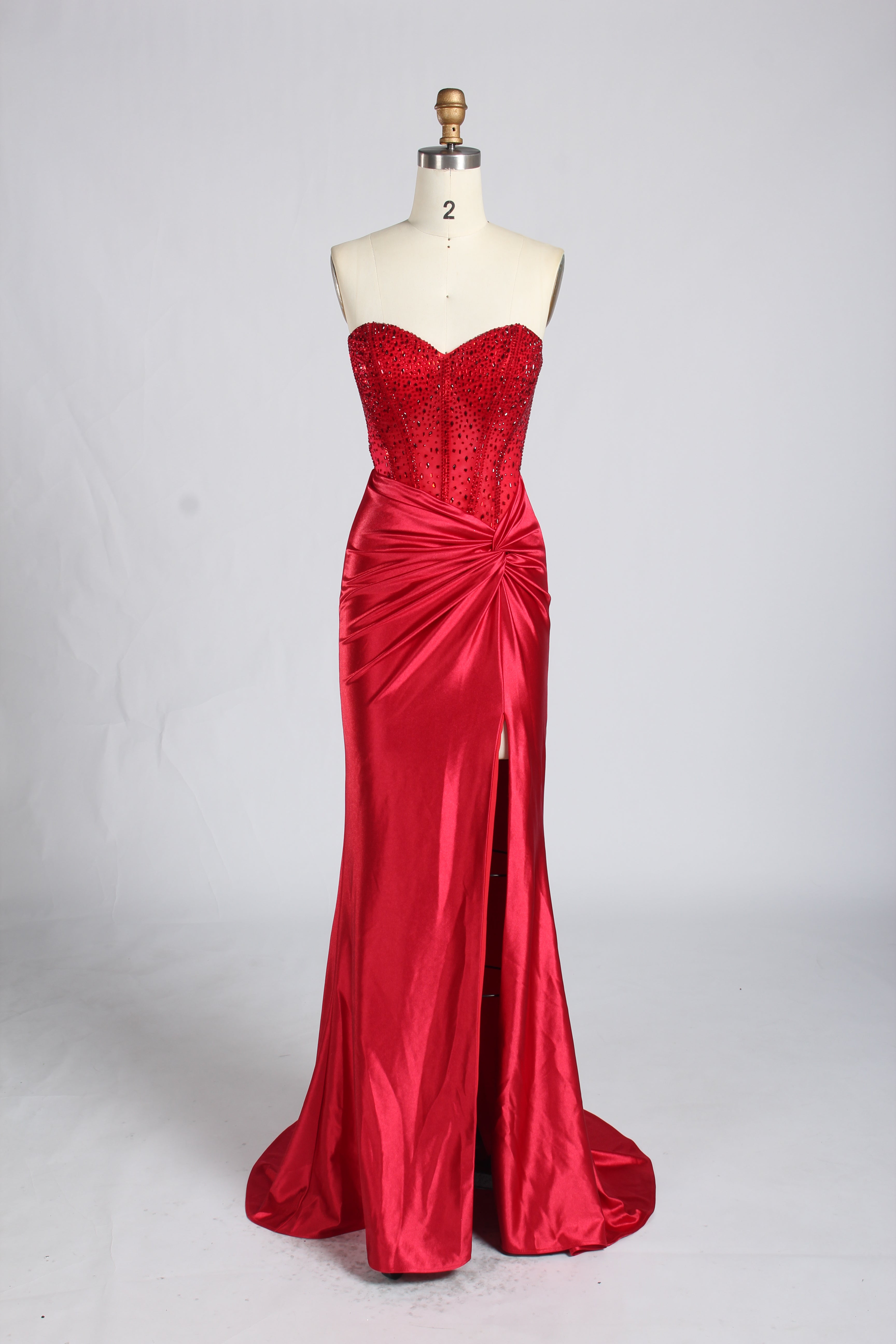 Wholesale Red Beaded Corset Satin Slit Mermaid Prom Dress 33363