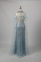 Beaded High Neck Light Blue Mother of the Bride Dress with Cape Sleeves MK142
