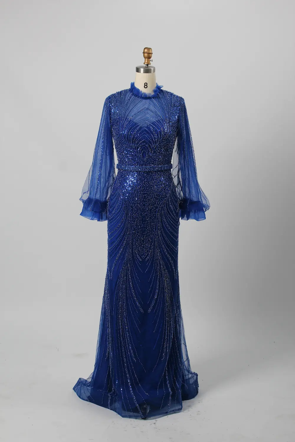 Elegant High-Neck Long Sleeve Beaded Champagne Mother of the Bride Dress KY031B