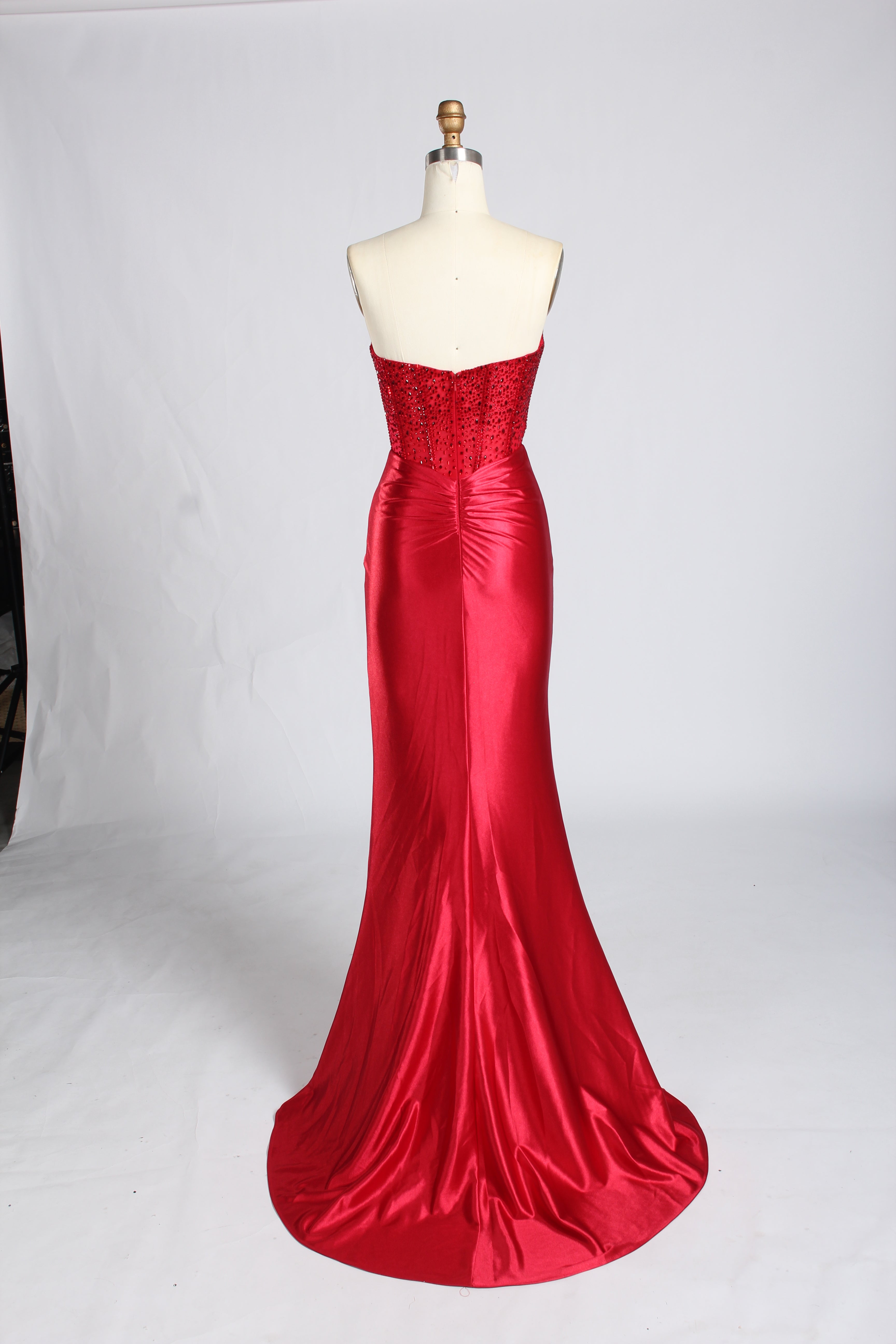 Wholesale Red Beaded Corset Satin Slit Mermaid Prom Dress 33363