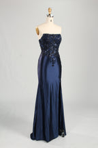 Wholesale Navy Blue Strapless Lace Prom Dress 33287