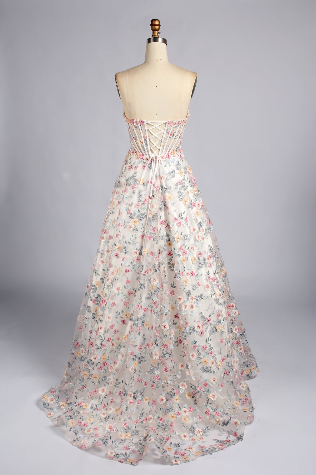 Floral appliqué strapless corset A-line prom dress with lace-up back
