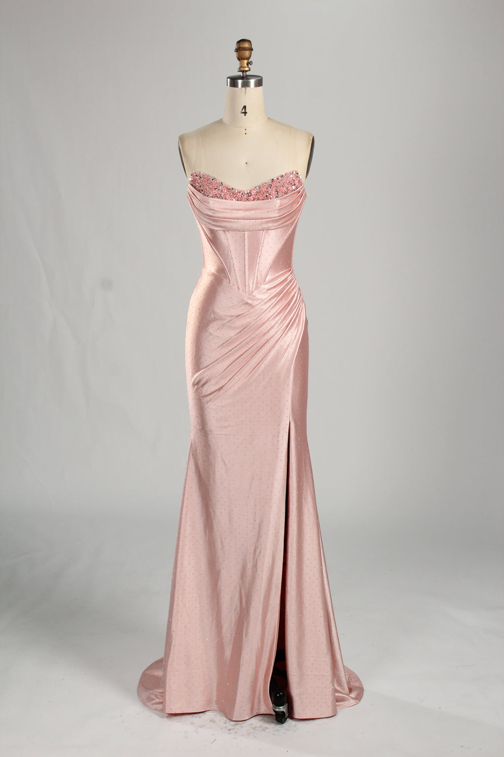 Strapless Satin Prom Dress with Beaded Sweetheart Neckline and Side Slit 33284