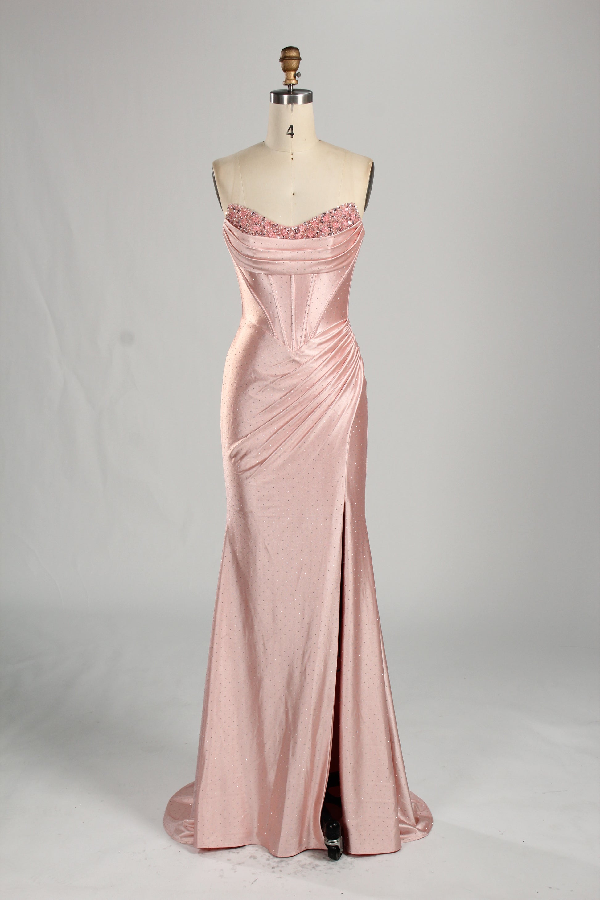 Strapless Satin Prom Dress with Beaded Sweetheart Neckline and Side Slit 33284