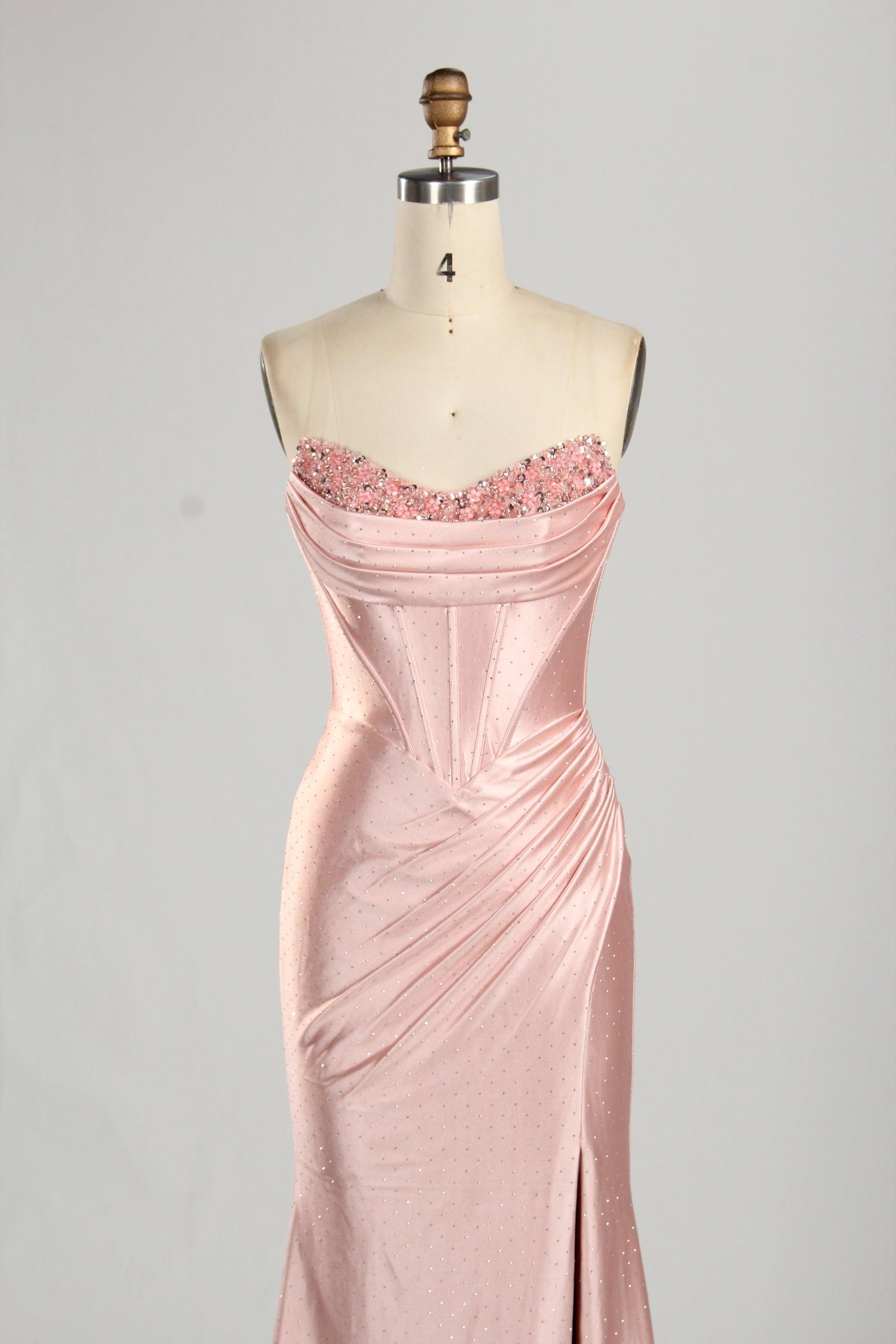 Strapless Satin Prom Dress with Beaded Sweetheart Neckline and Side Slit 33284