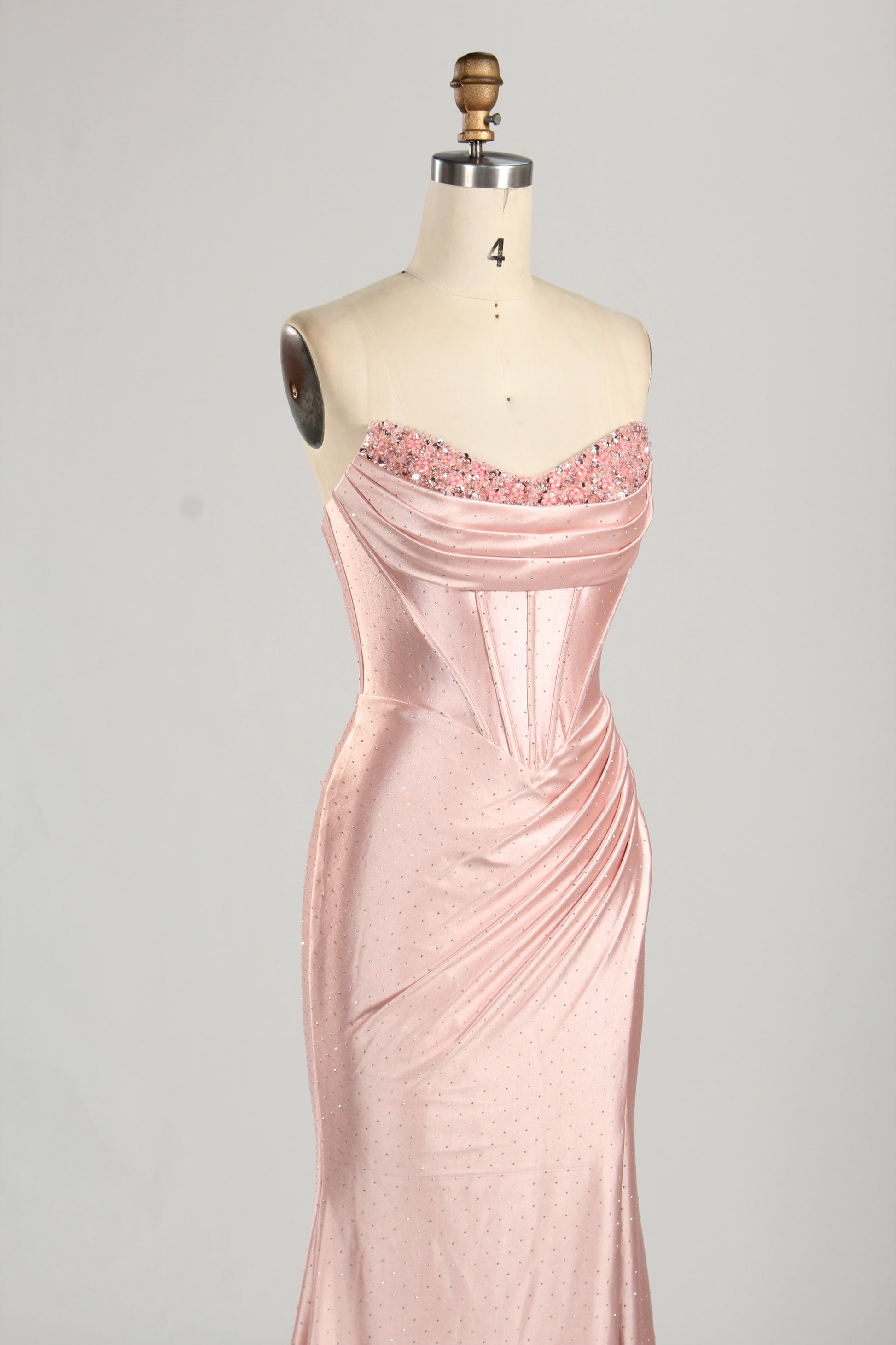 Strapless Satin Prom Dress with Beaded Sweetheart Neckline and Side Slit 33284