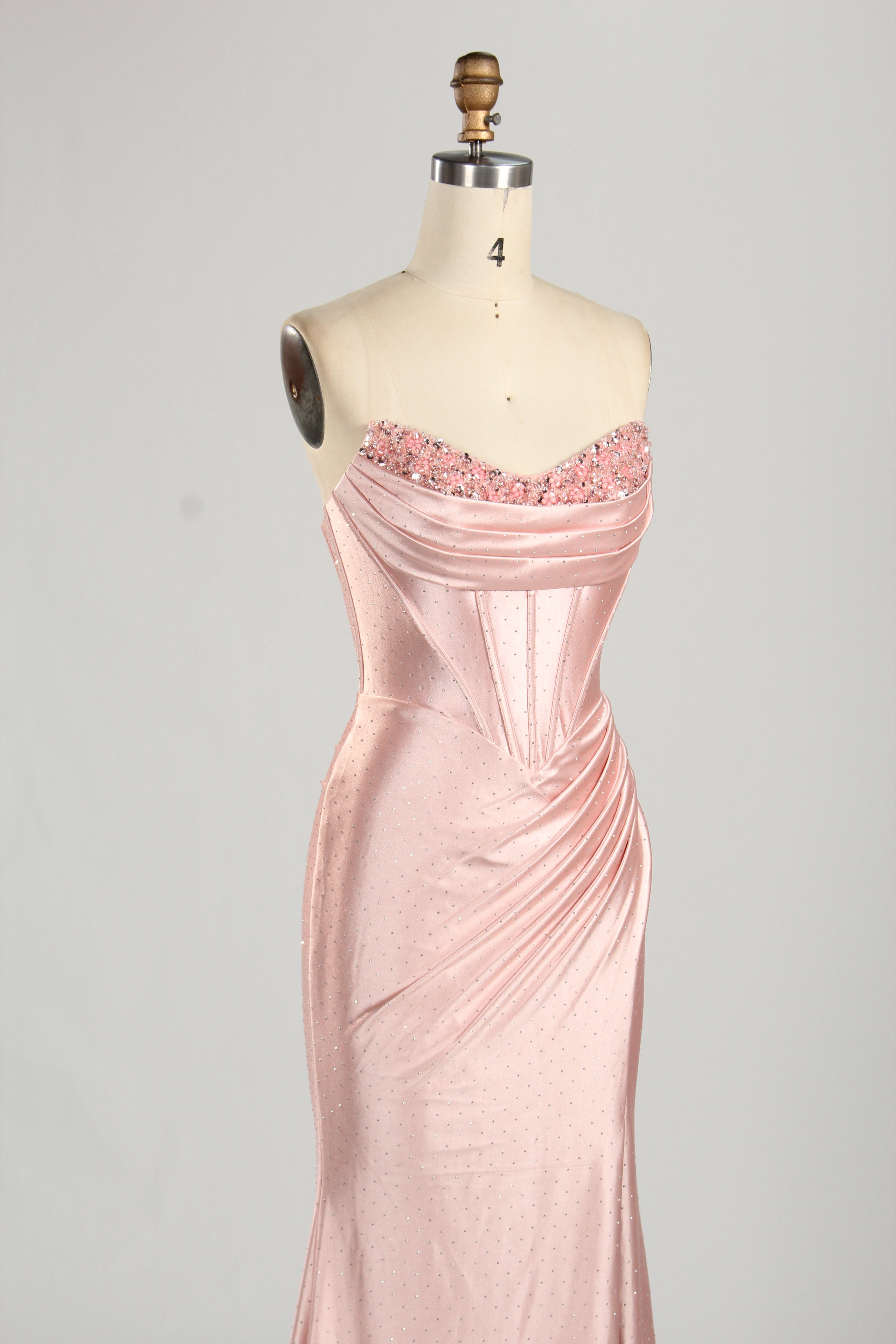 Strapless Satin Prom Dress with Beaded Sweetheart Neckline and Side Slit 33284